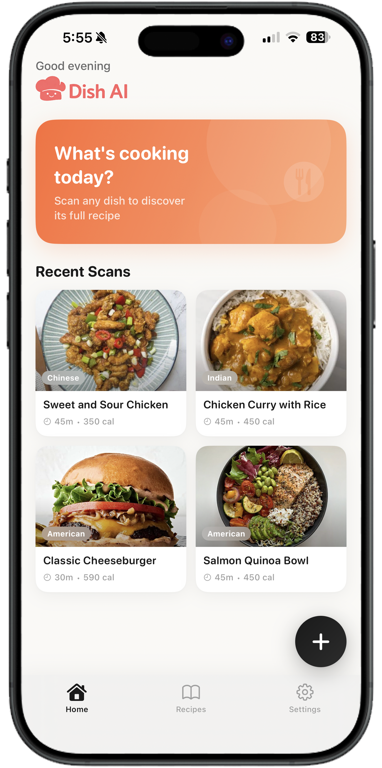 Dish AI home screen showing recent food scans