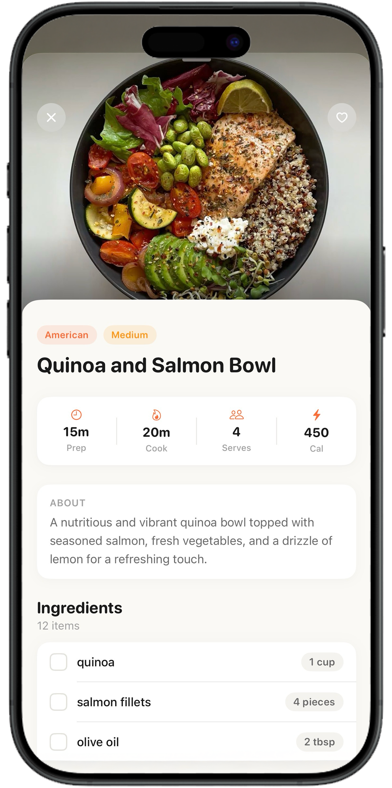Dish AI recipe detail for Quinoa and Salmon Bowl